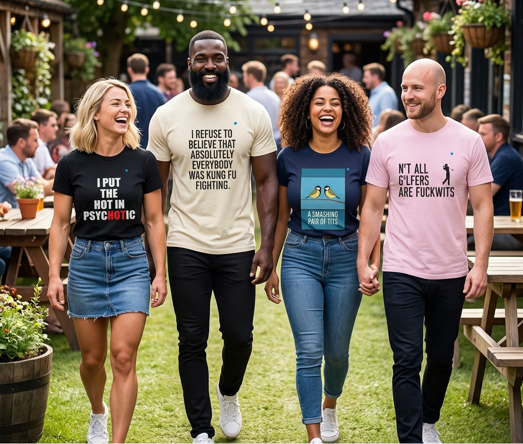 Four friends walking together in an outdoor setting, wearing t-shirts with various designs.
