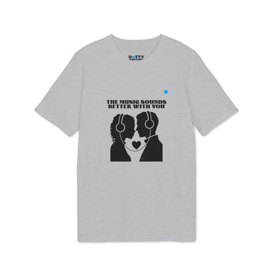 Gray t-shirt with graphic design and text on a white background