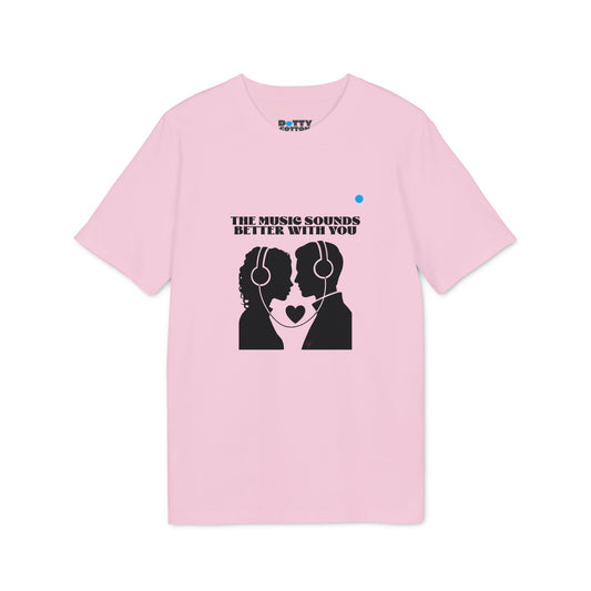 Pink t-shirt with graphic design and text on a white background