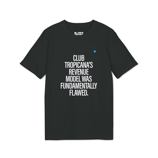 Black t-shirt with white text on a white background