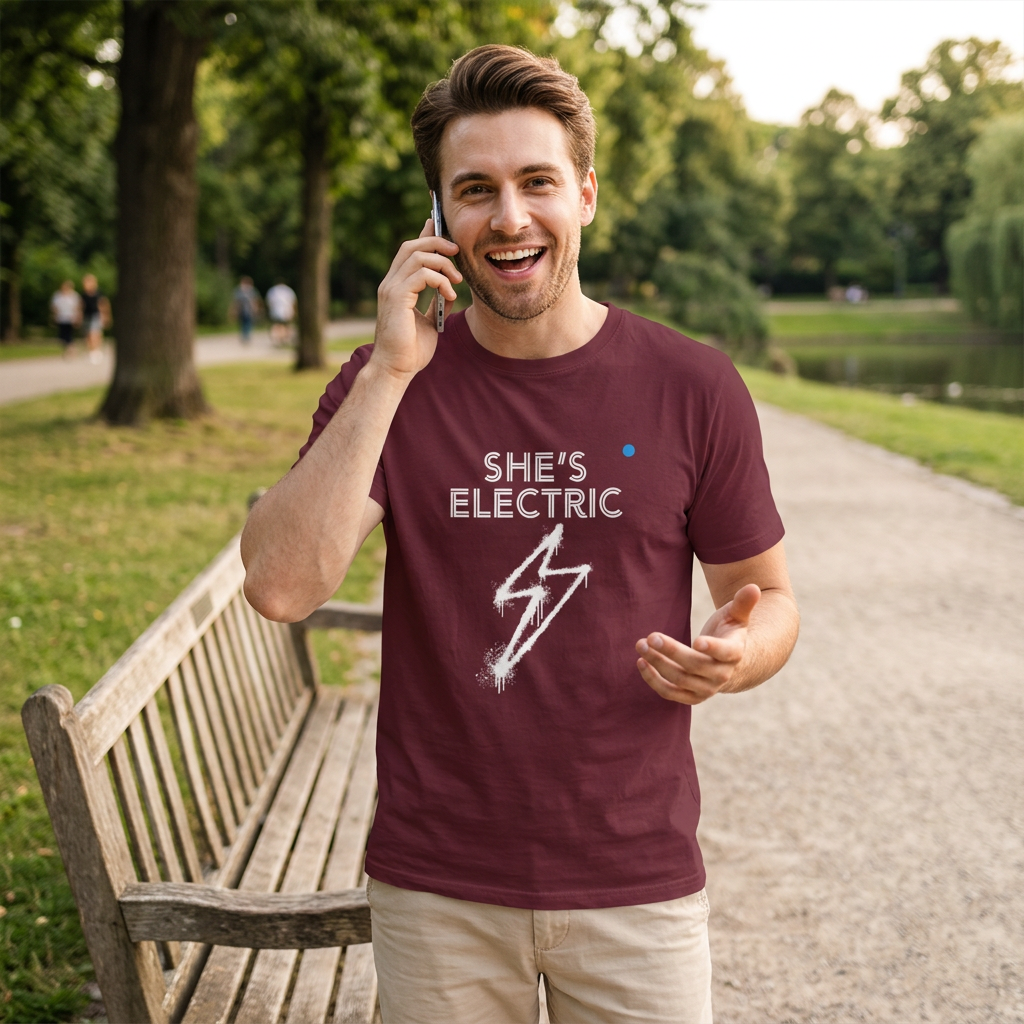 Man wearing a t-shirt with 'SHE'S ELECTRIC' design in a park