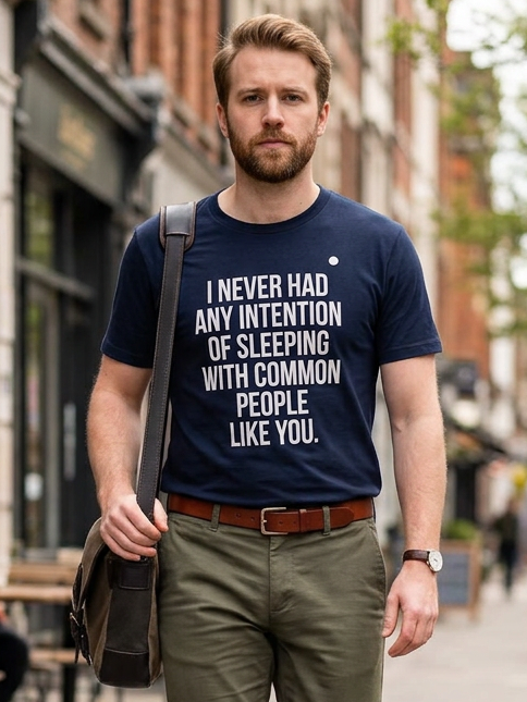 Man walking on a city street wearing a blue t-shirt with text and green pants.