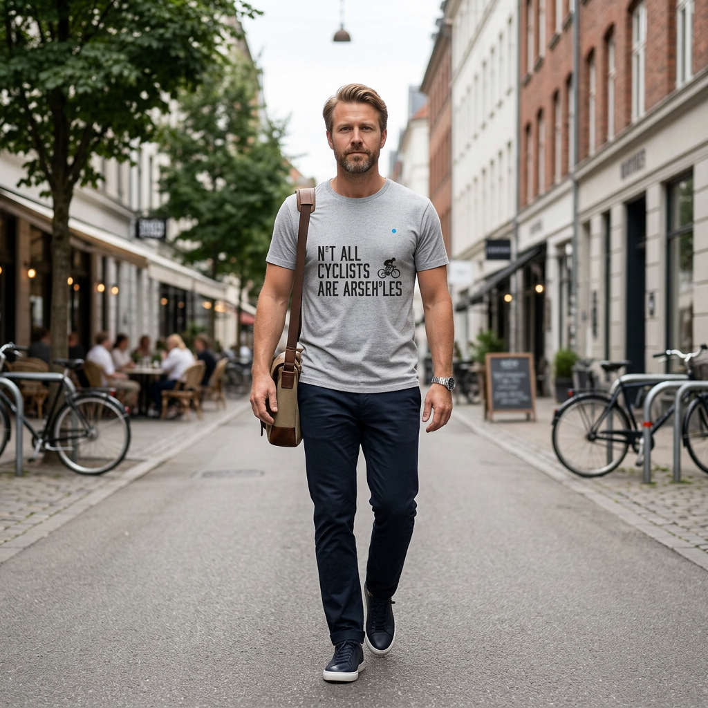 Man walking on a city street wearing a t-shirt with text